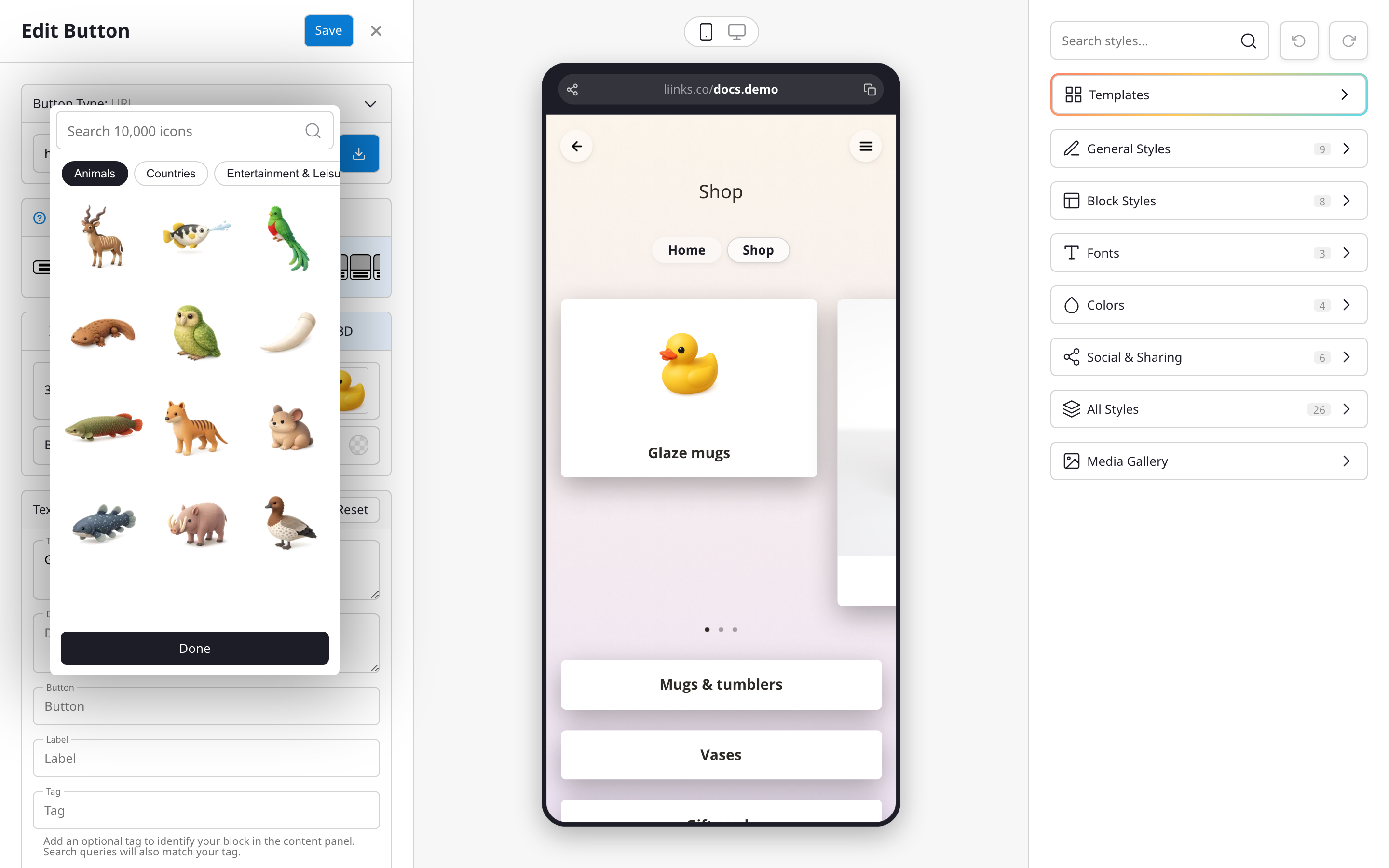 The 3D icon picker open in the link editor