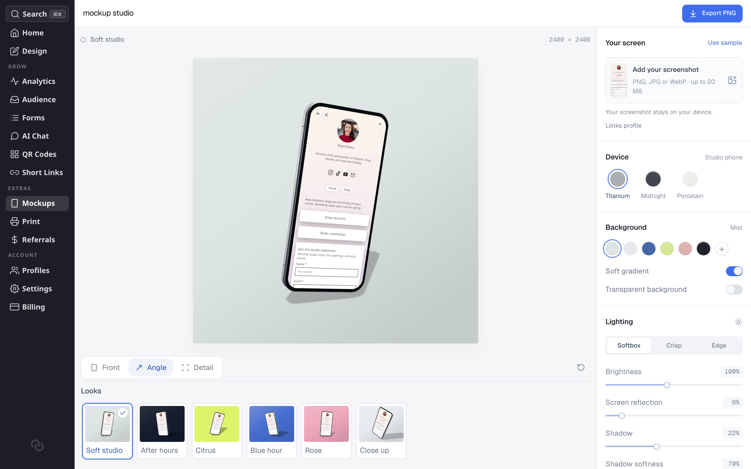 The mockup studio with the Soft studio look applied