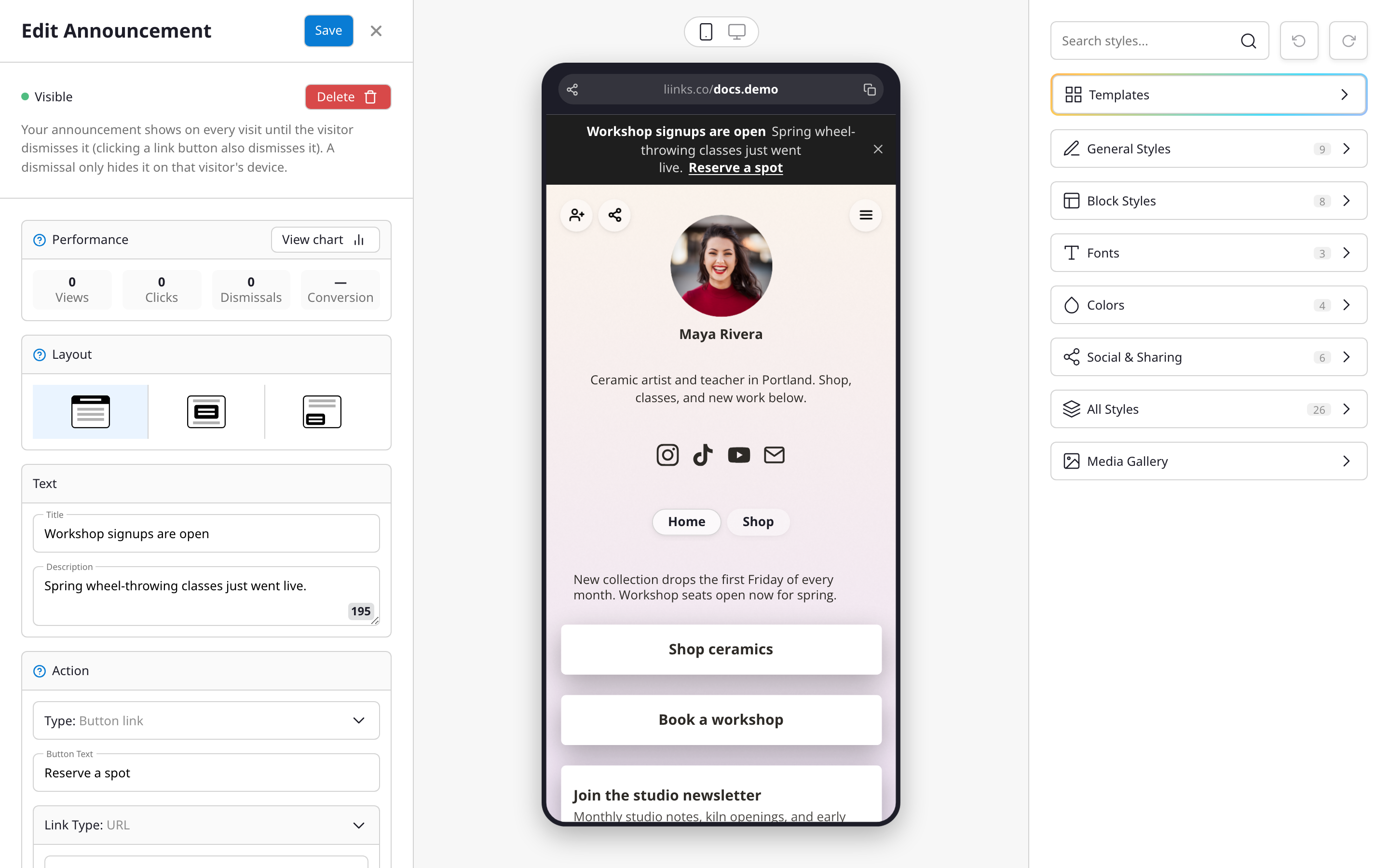The announcement editor with layout options and a live preview
