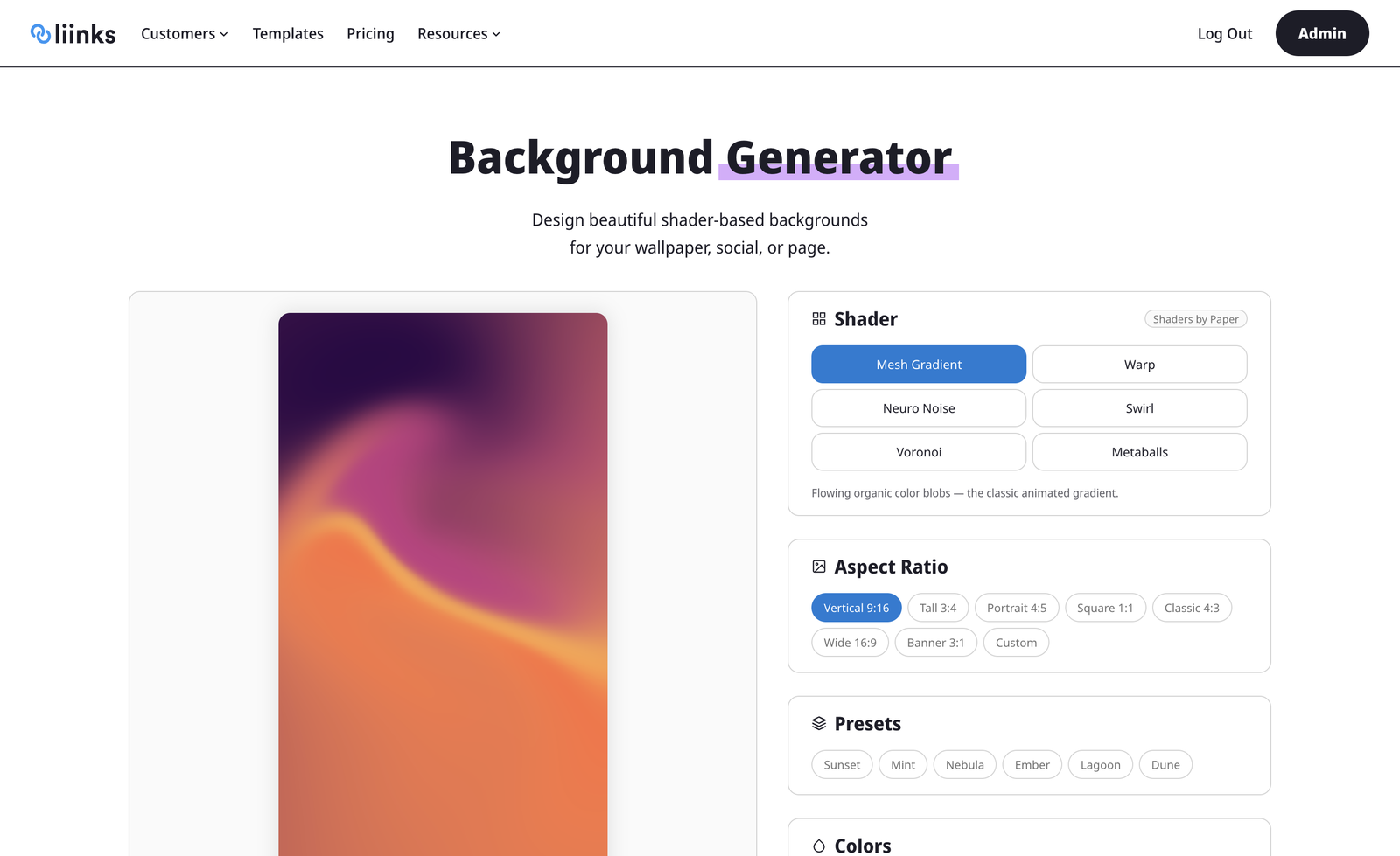 The Background Generator tool showing shader options, aspect ratios, presets, and a live preview