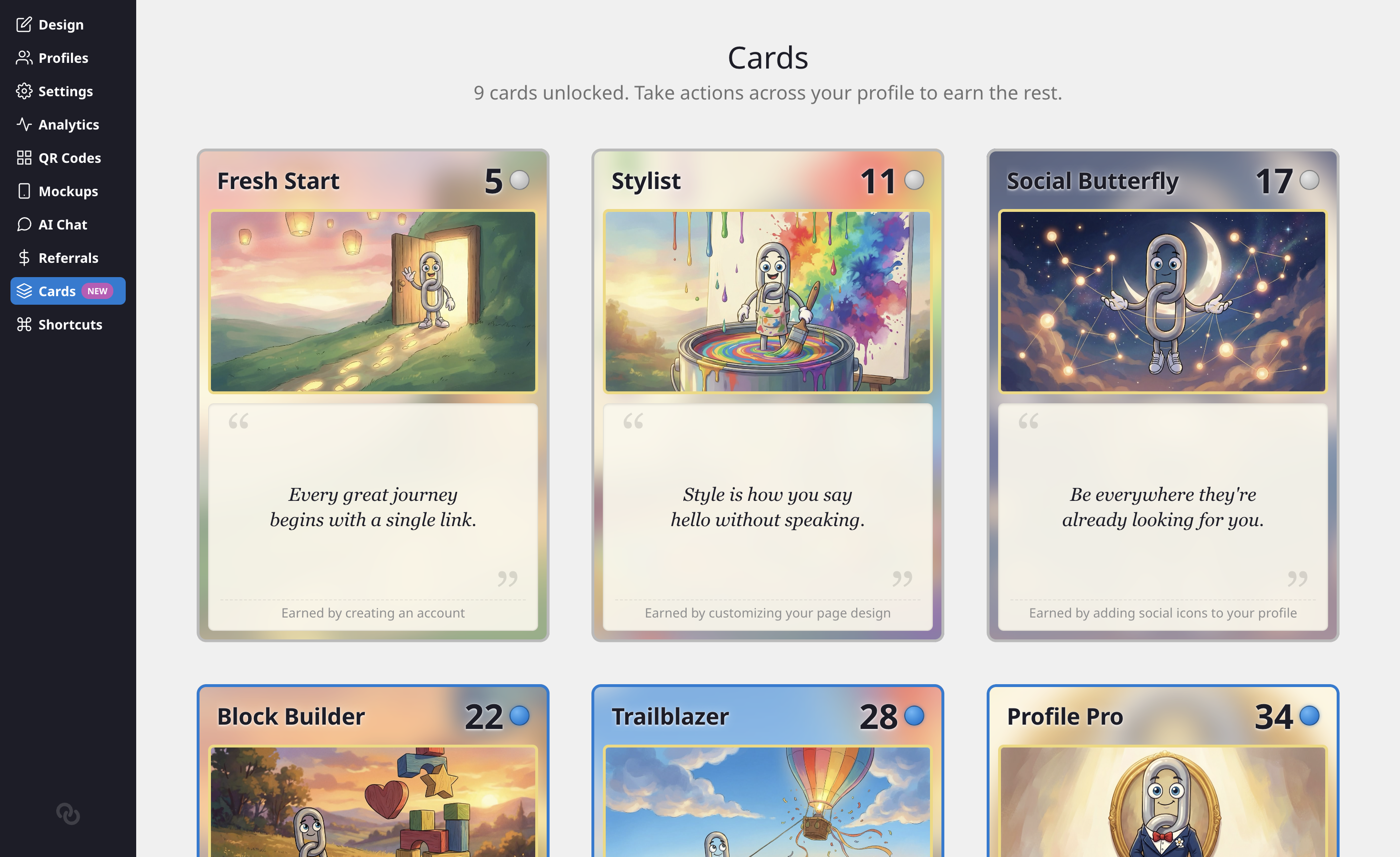 The Cards collection page showing earned and locked collectible cards