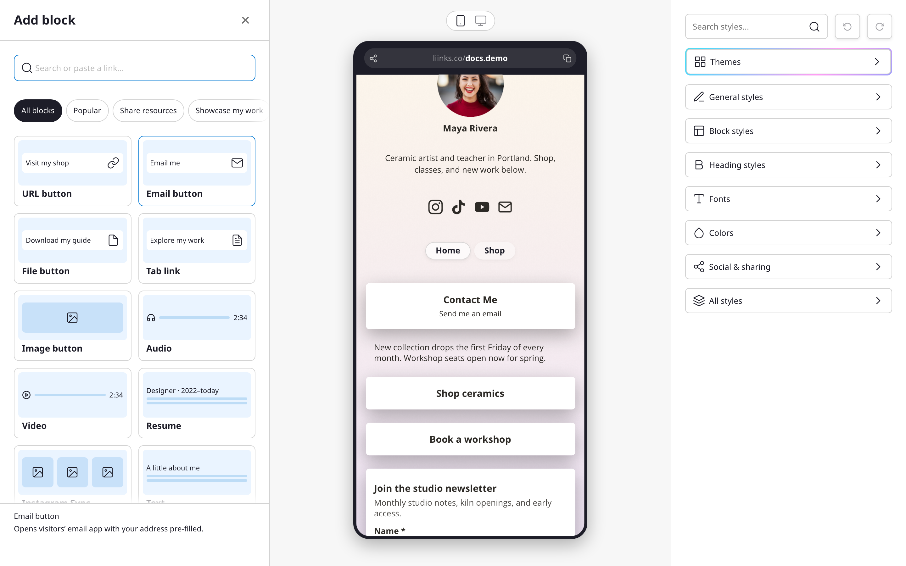 The new Add block picker, with filter chips along the top and a card for each block type