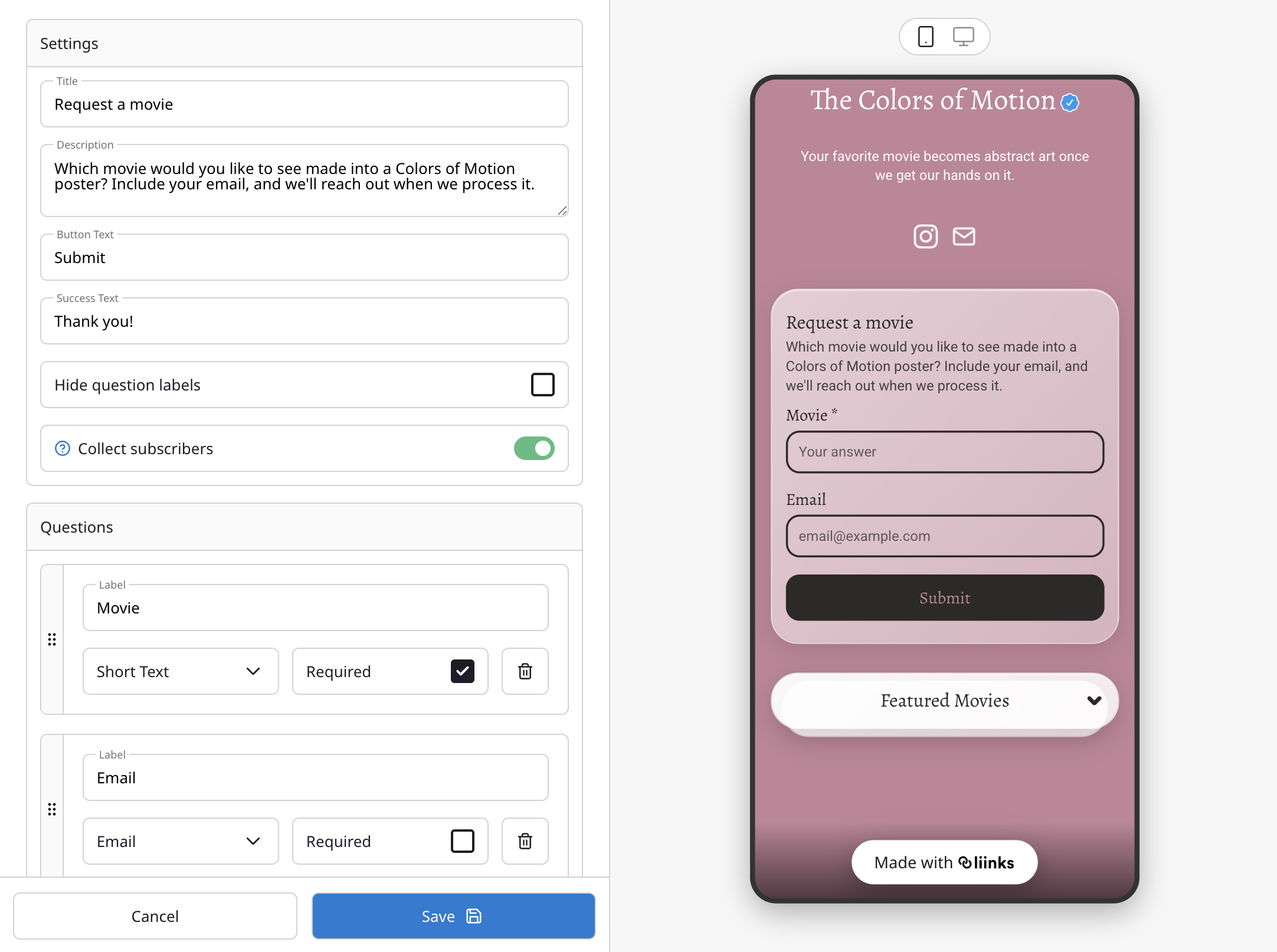 The form builder editing a "Request a movie" form with a live mobile preview