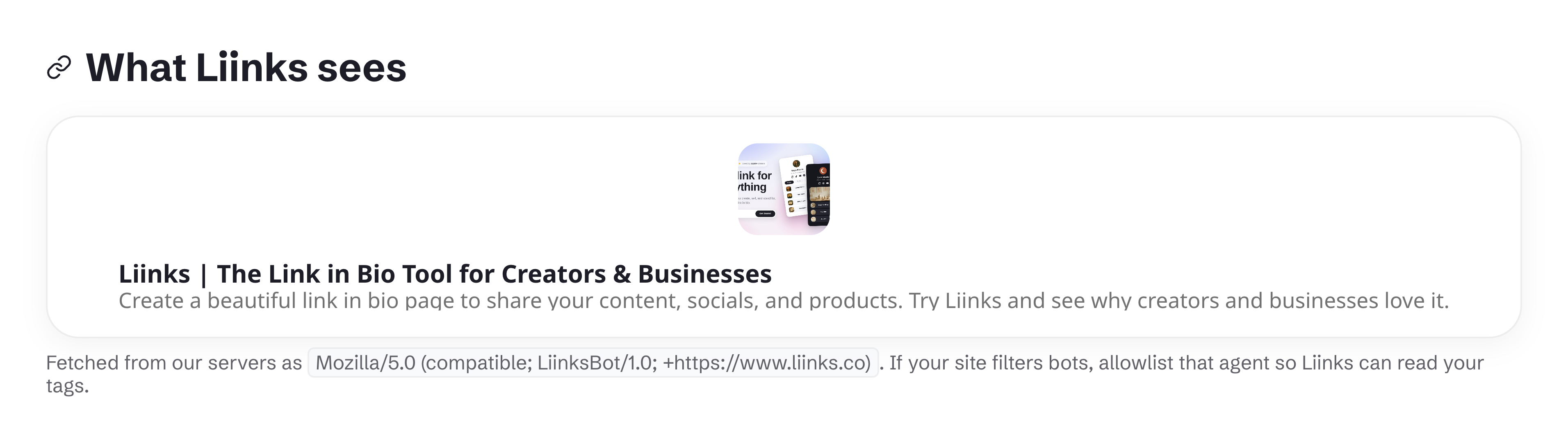 The What Liinks sees panel in the Open Graph Debugger, showing a resolved title, description, and thumbnail with the LiinksBot user agent named underneath