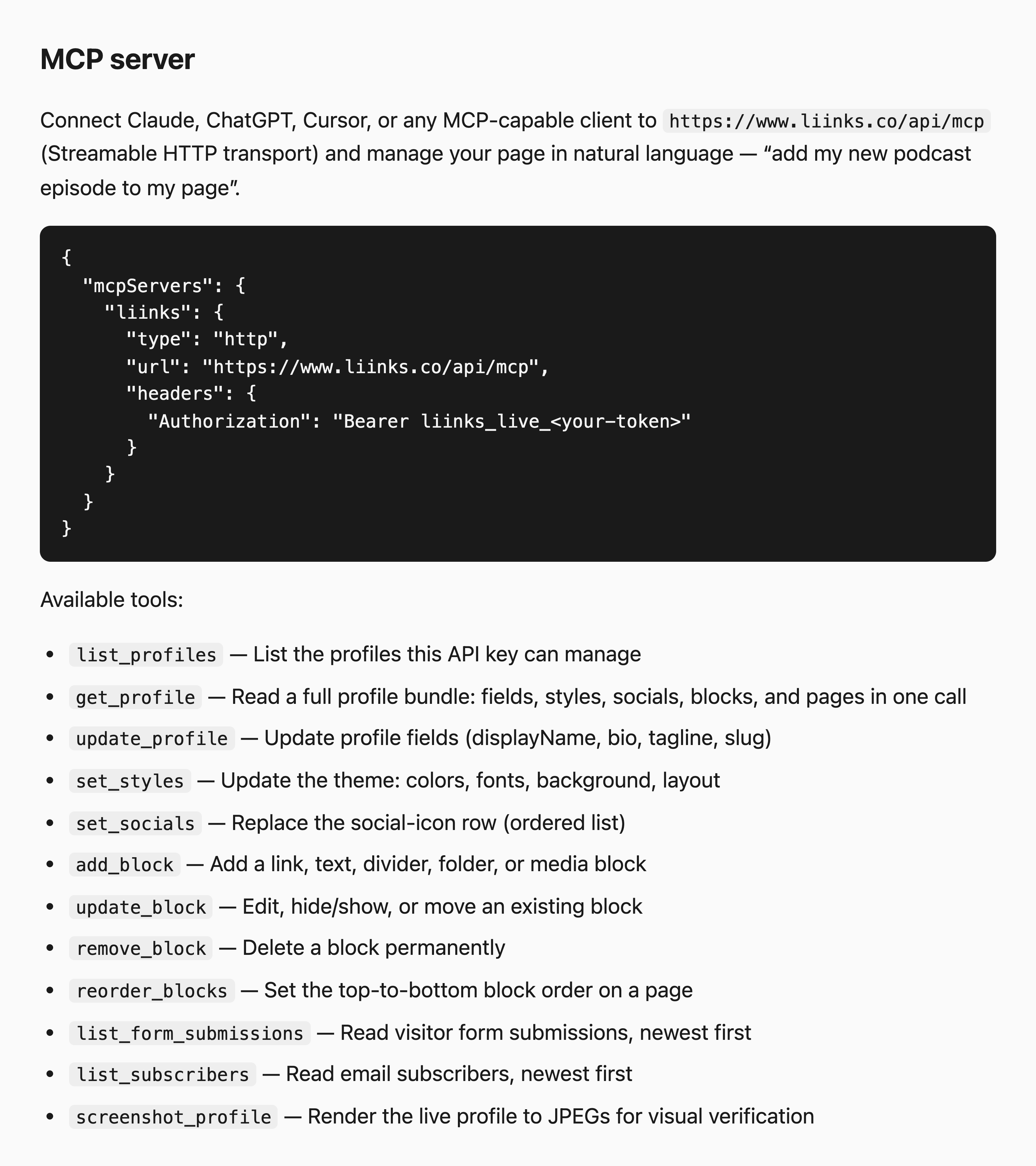 The MCP server section of the Liinks developer portal, showing the client configuration and the list of available tools
