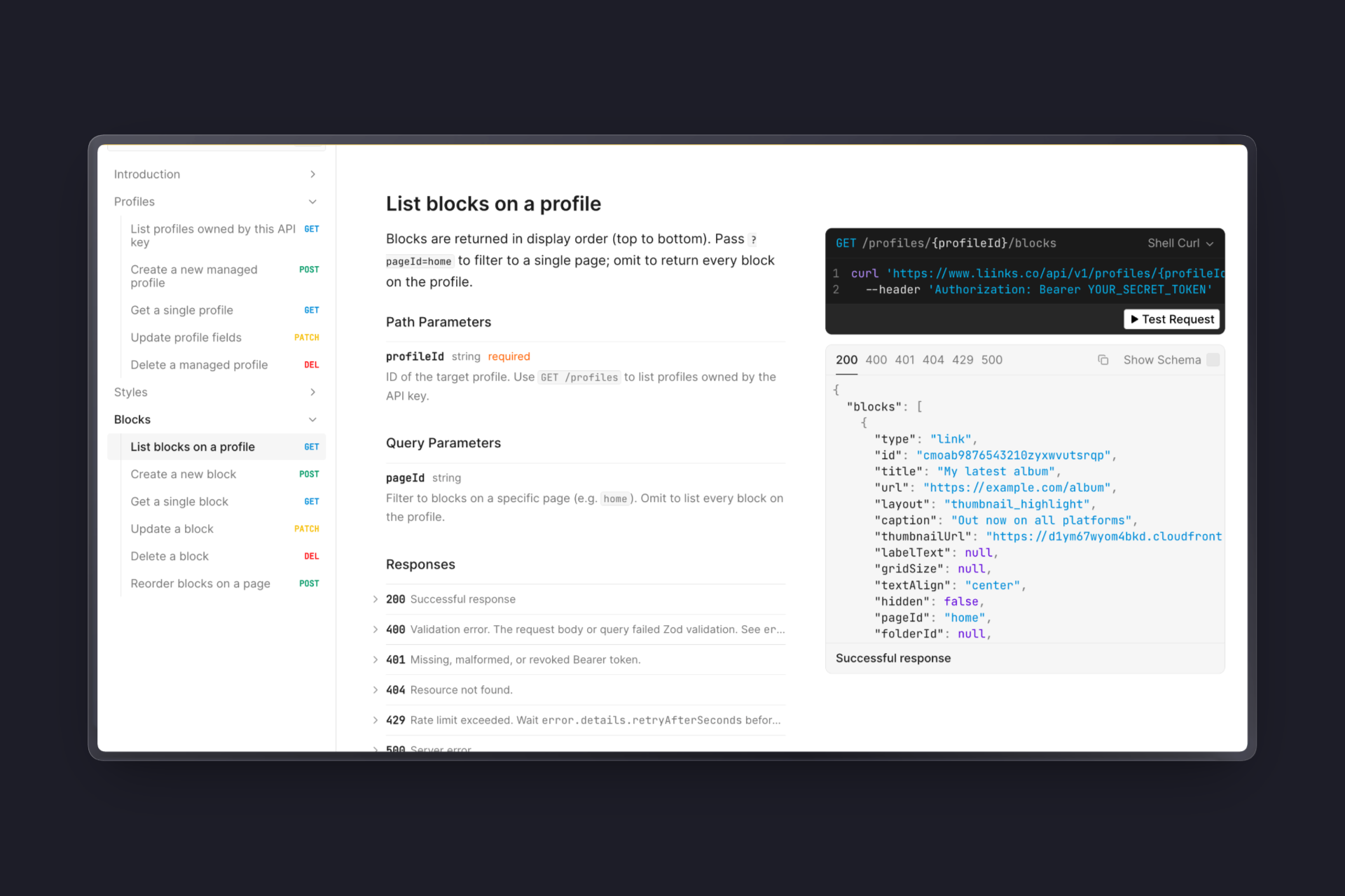 The Liinks API reference, showing the "List blocks on a profile" endpoint with sample curl request and JSON response