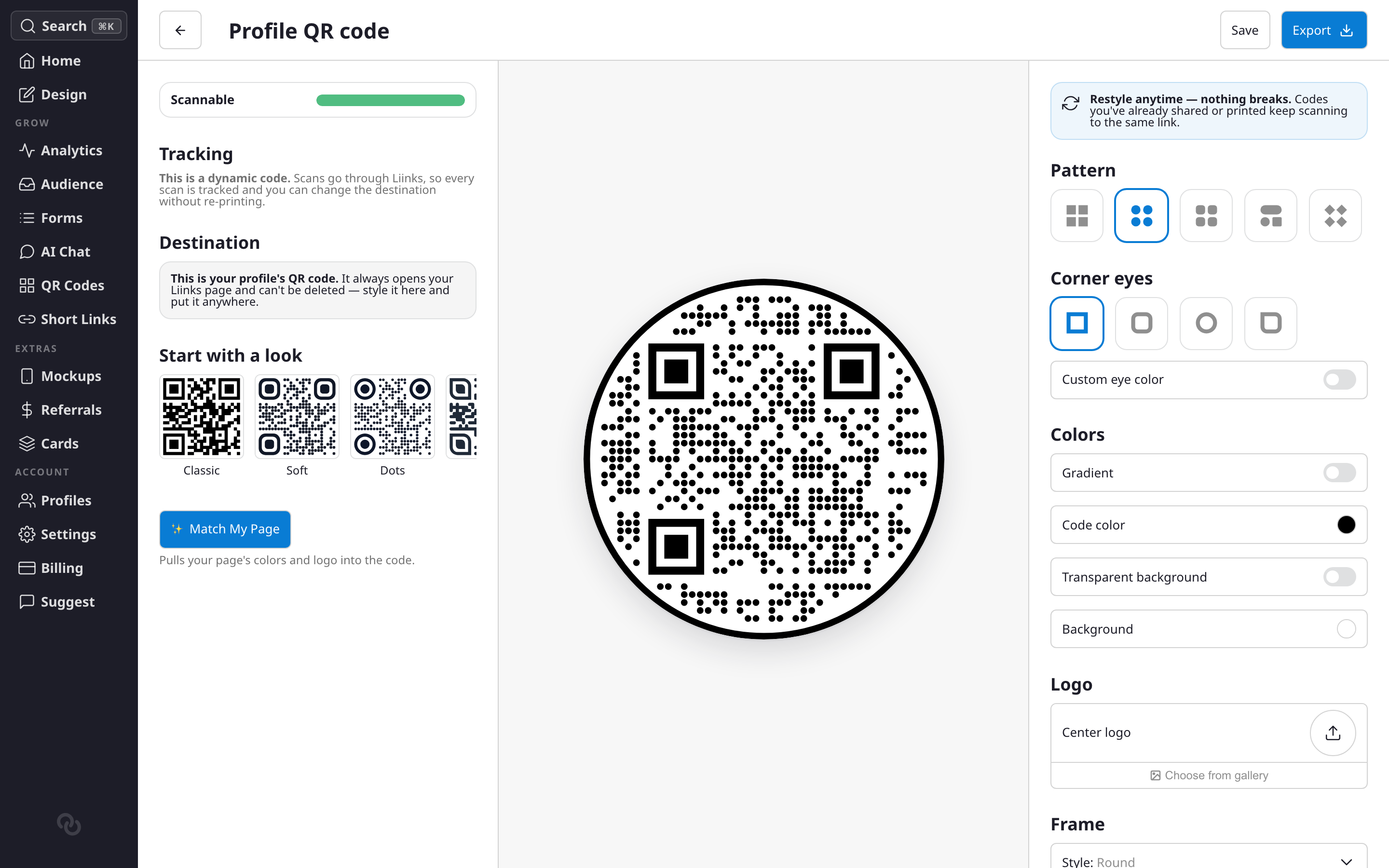 QR Studio with presets, styling controls, and the scannability meter