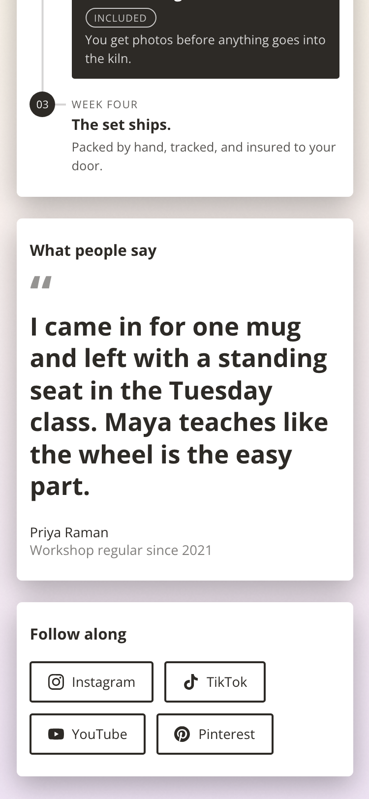 A Quote block on a public profile: a large quotation mark, the quote at full size, and the name and role underneath