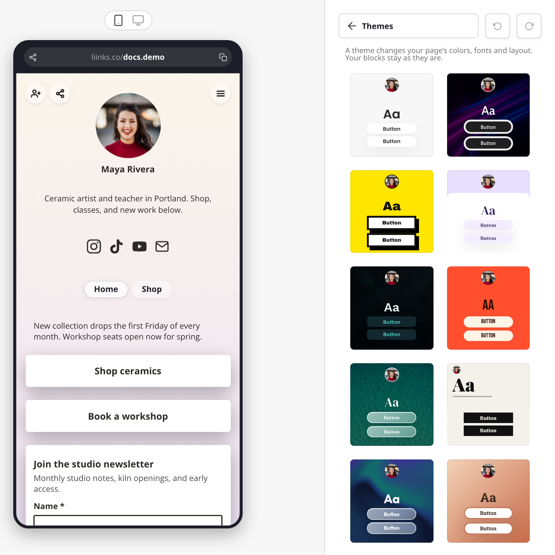 The Themes grid next to the live preview in the page editor