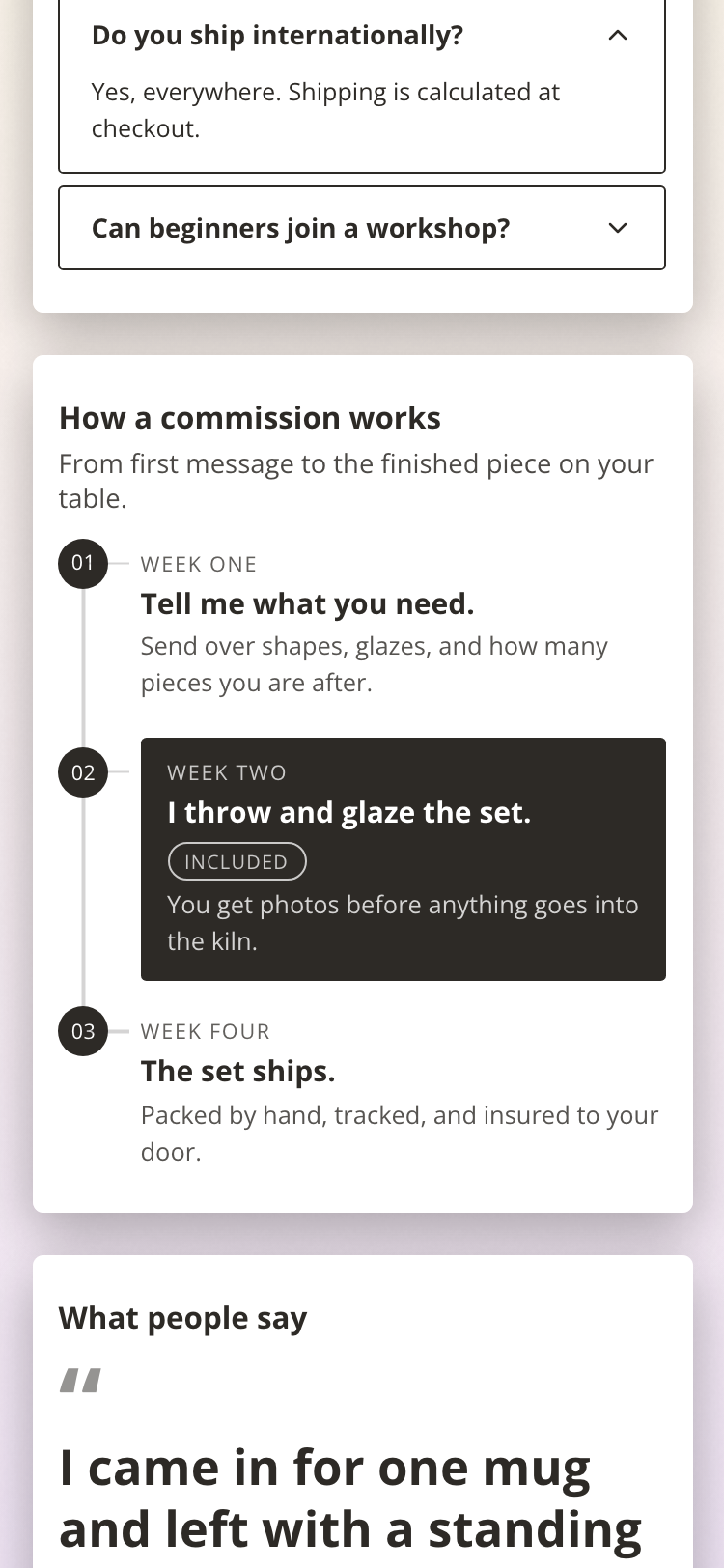 A Timeline block on a public profile: three numbered steps on a vertical rail, with the middle one highlighted as a filled card